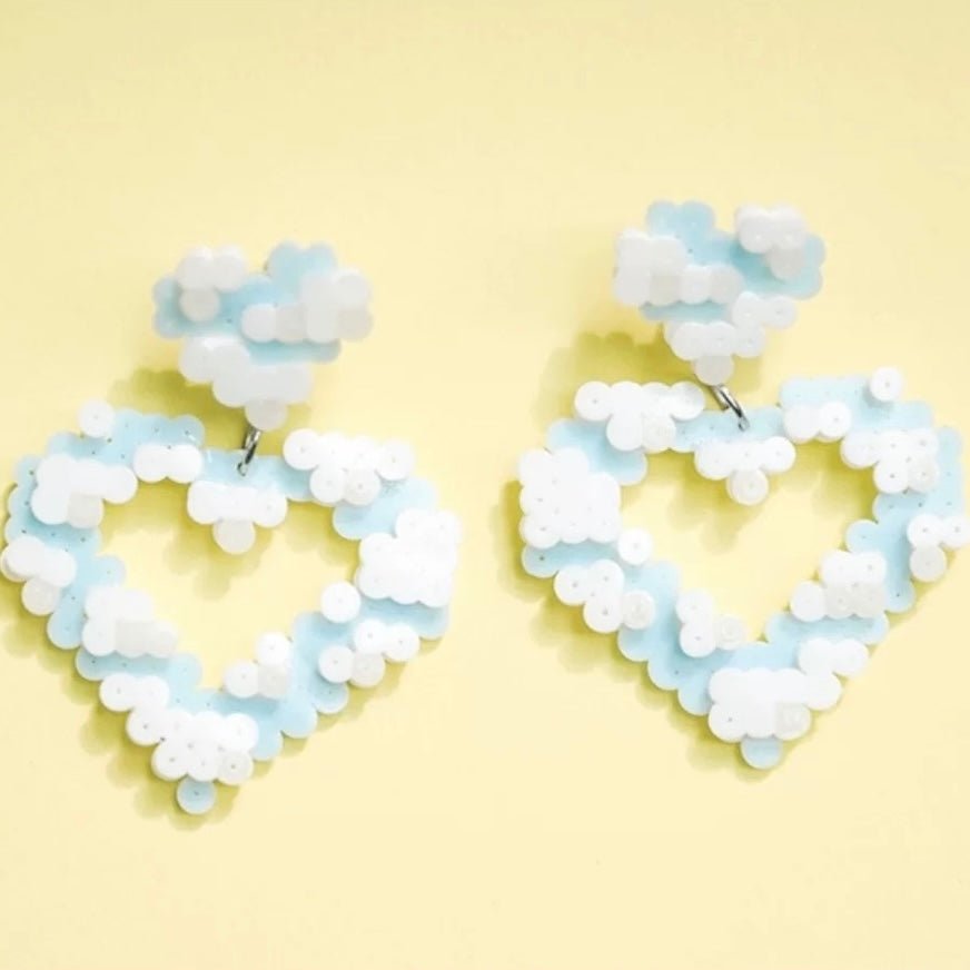 ☁️ Blue Sky and Cloud Perler Bead Heart Earrings 💙 - Omamori Shop