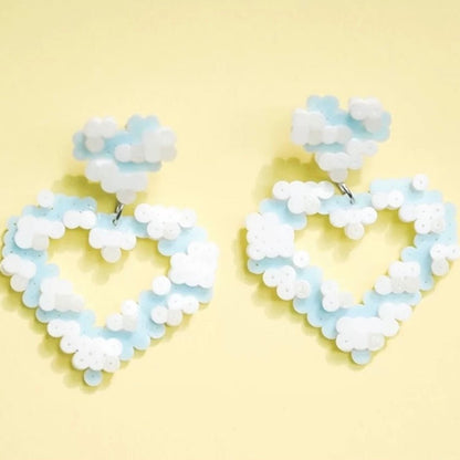 ☁️ Blue Sky and Cloud Perler Bead Heart Earrings 💙 - Omamori Shop