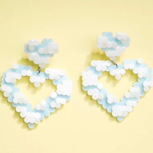 ☁️ Blue Sky and Cloud Perler Bead Heart Earrings 💙 - Omamori Shop