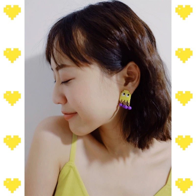 🎮 Handmade Color - Block Beaded Pac - Man Stud Earrings 🌈 - Omamori Shop