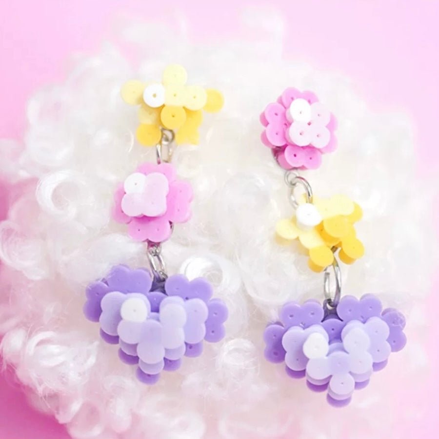 🌸 Perler Bead Pixel - Style Flower and Heart Earrings 💖 - Omamori Shop