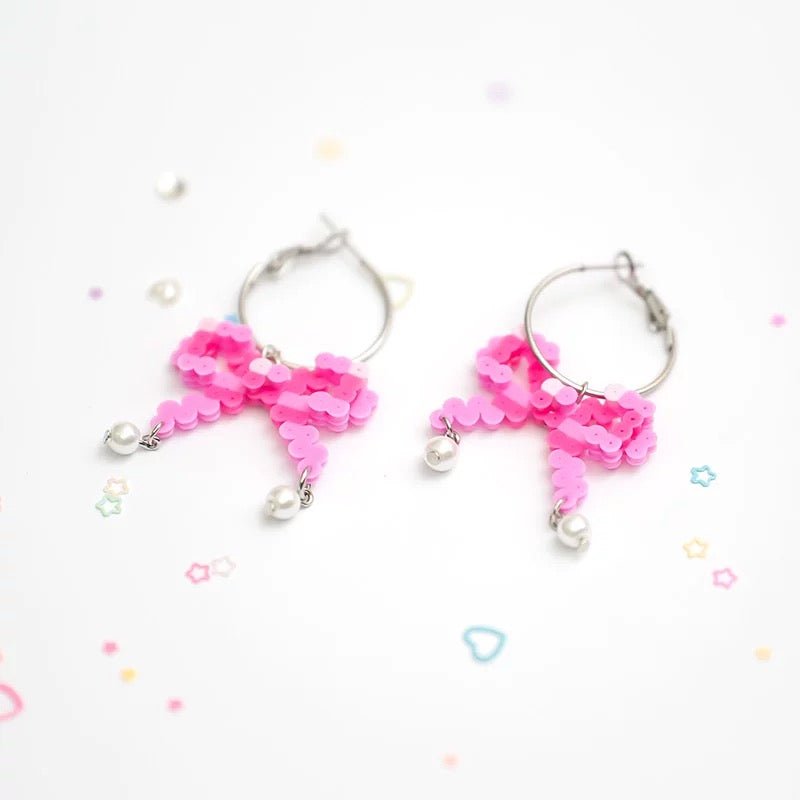 🎀 Pixel - Style Perler Bead Bow Earrings 🎀 - Omamori Shop