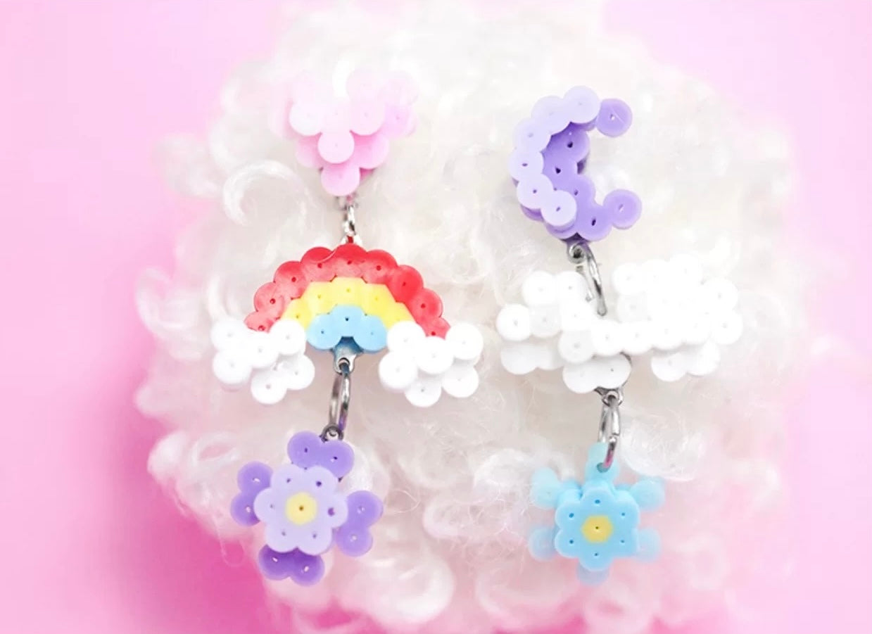 🌈 Rainbow Cloud Perler Bead Stud Earrings ☁️