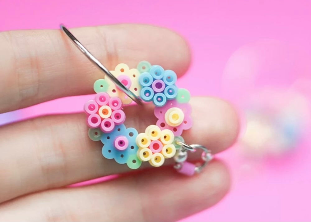 🌸 Pixel-Style Flower Wreath Perler Bead Earrings 🌸